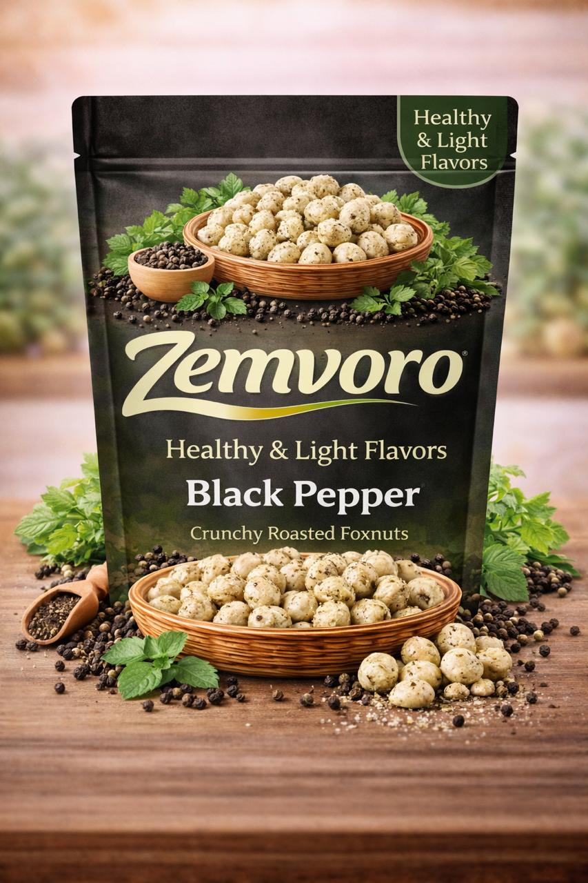 Zemvoro Black Pepper Makhana | Spicy Roasted Foxnuts Healthy Snack – 80g