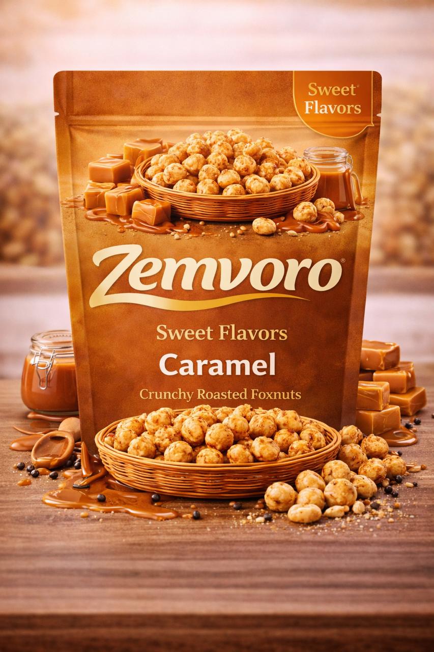 Zemvoro Caramel Makhana | Sweet Crunchy Roasted Foxnuts Snack – 80g