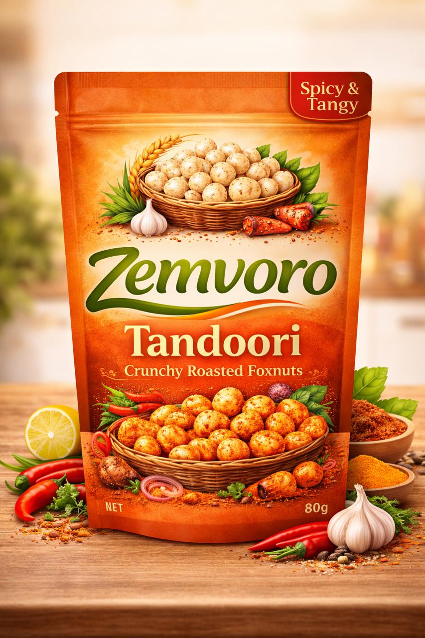 Zemvoro Tandoori Foxnuts (Makhana) | Smoky Spicy Roasted Healthy Snack – 80g