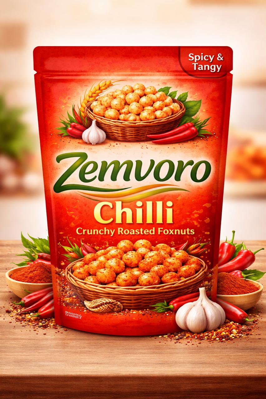 Zemvoro Chilli Foxnuts (Makhana) | Spicy Crunchy Roasted Healthy Snack – 80g