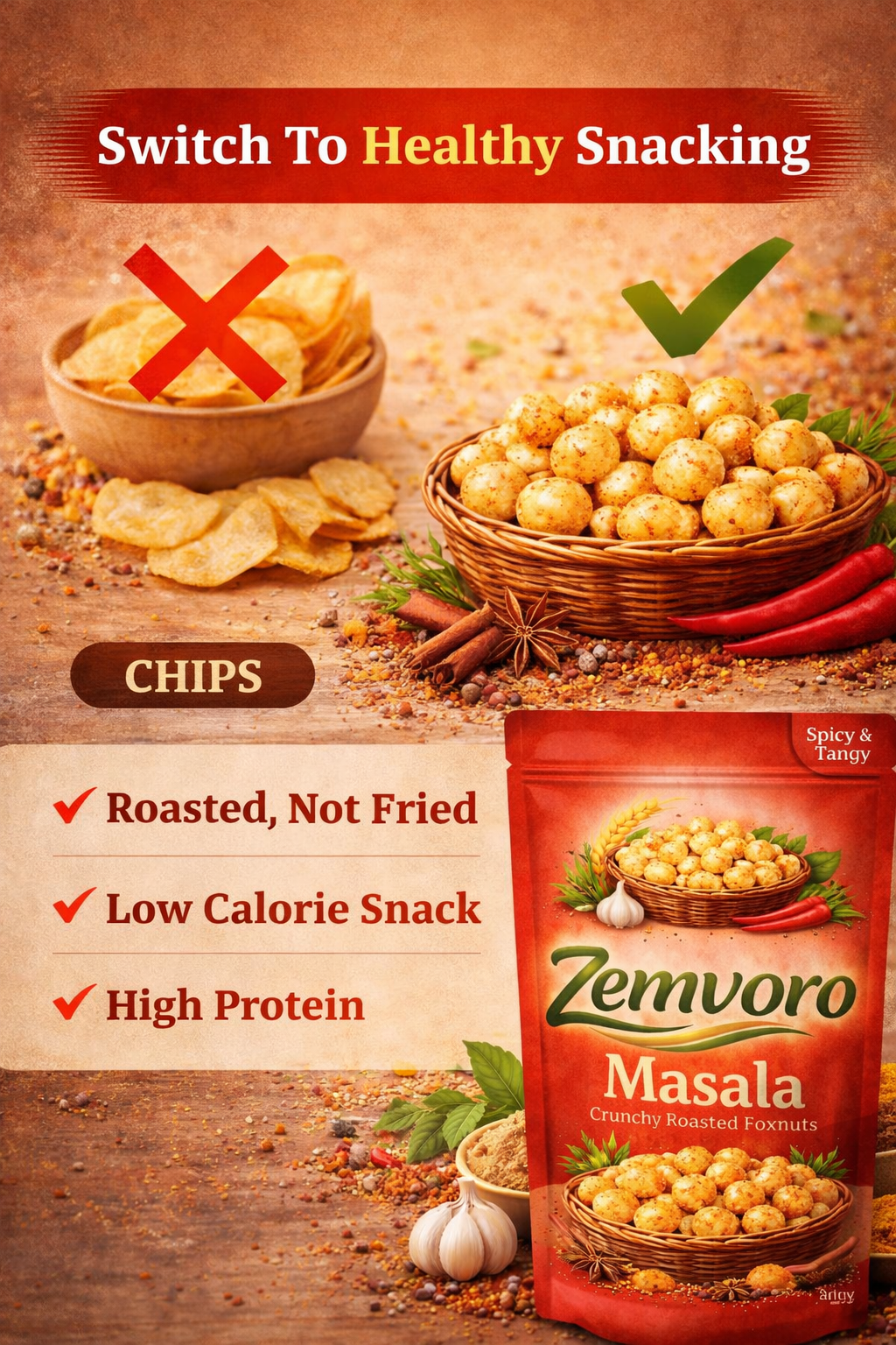 Zemvoro Masala Foxnuts (Makhana) | Spicy Crunchy Roasted Healthy Snack – 80g