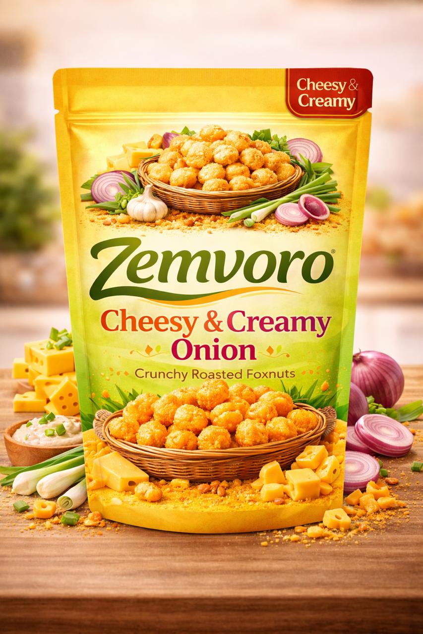 Zemvoro Cheesy & Creamy Onion Foxnuts (Makhana) | Crunchy Roasted Healthy Snack – 80g