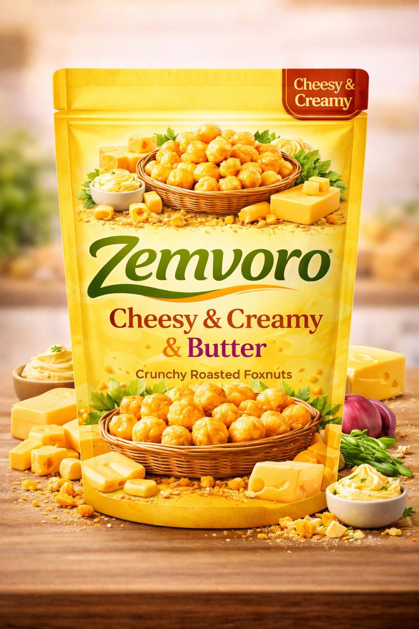 Zemvoro Cheesy Creamy Butter Foxnuts (Makhana) | Rich Crunchy Roasted Healthy Snack – 80g