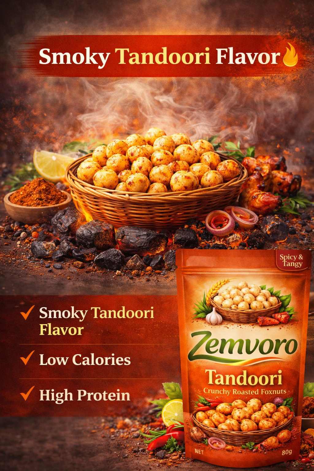 Zemvoro Tandoori Foxnuts (Makhana) | Smoky Spicy Roasted Healthy Snack – 80g