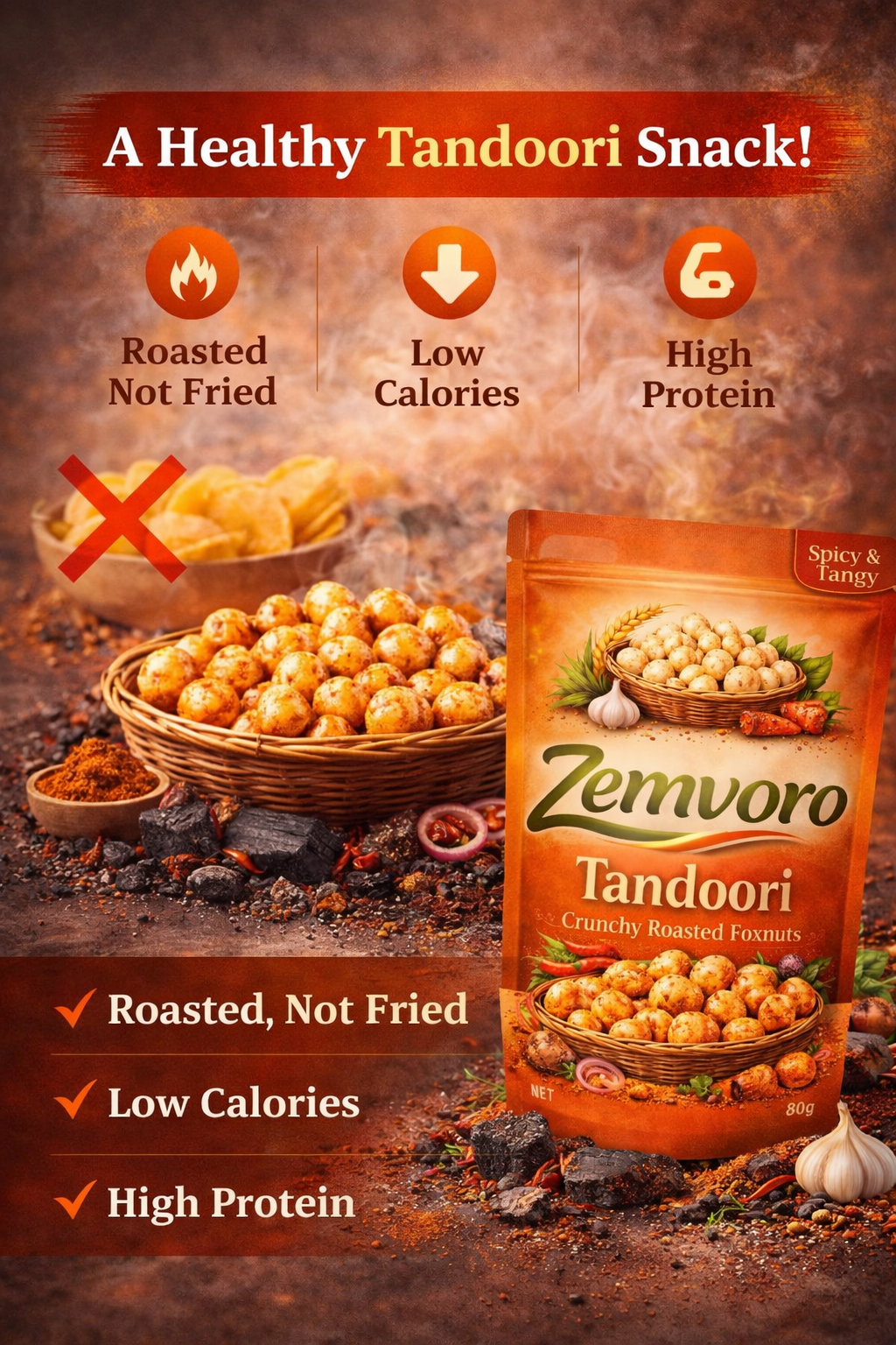 Zemvoro Tandoori Foxnuts (Makhana) | Smoky Spicy Roasted Healthy Snack – 80g