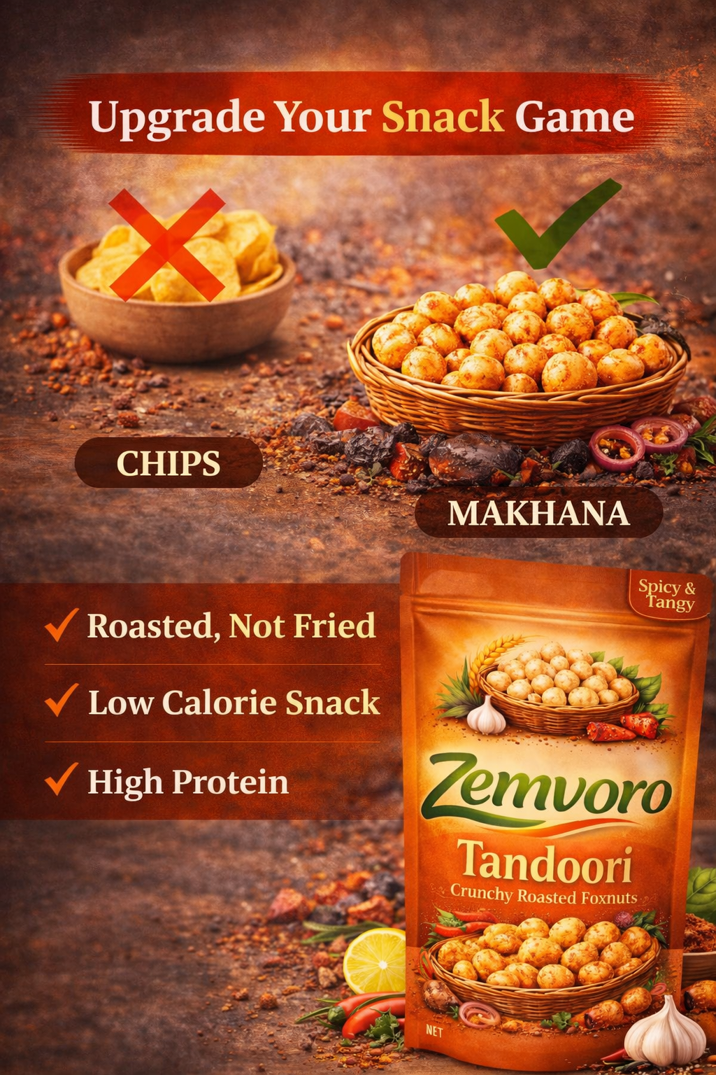 Zemvoro Tandoori Foxnuts (Makhana) | Smoky Spicy Roasted Healthy Snack – 80g