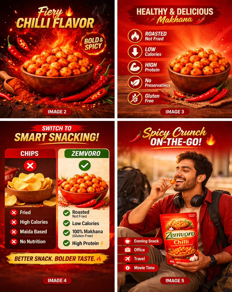 Zemvoro Chilli Foxnuts (Makhana) | Spicy Crunchy Roasted Healthy Snack – 80g