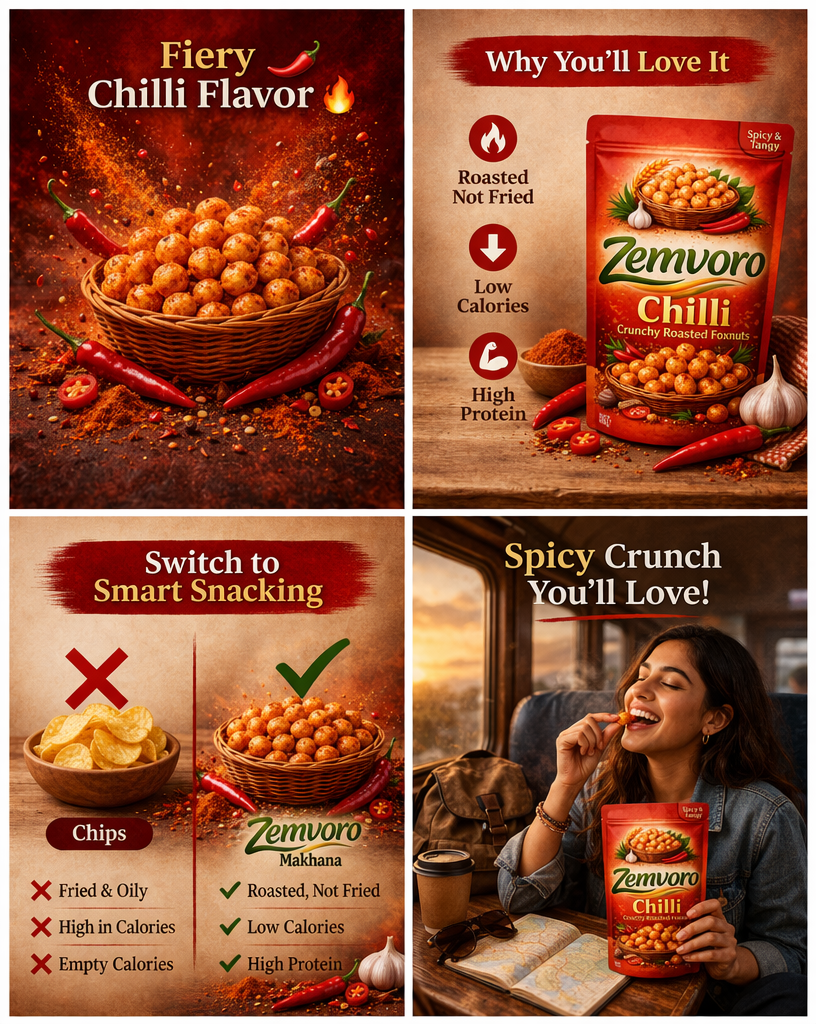 Zemvoro Chilli Foxnuts (Makhana) | Spicy Crunchy Roasted Healthy Snack – 80g