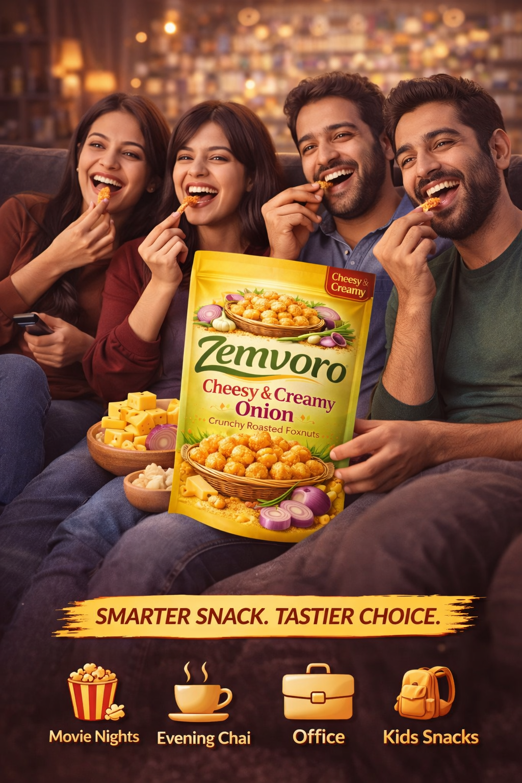 Zemvoro Cheesy & Creamy Onion Foxnuts (Makhana) | Crunchy Roasted Healthy Snack – 80g