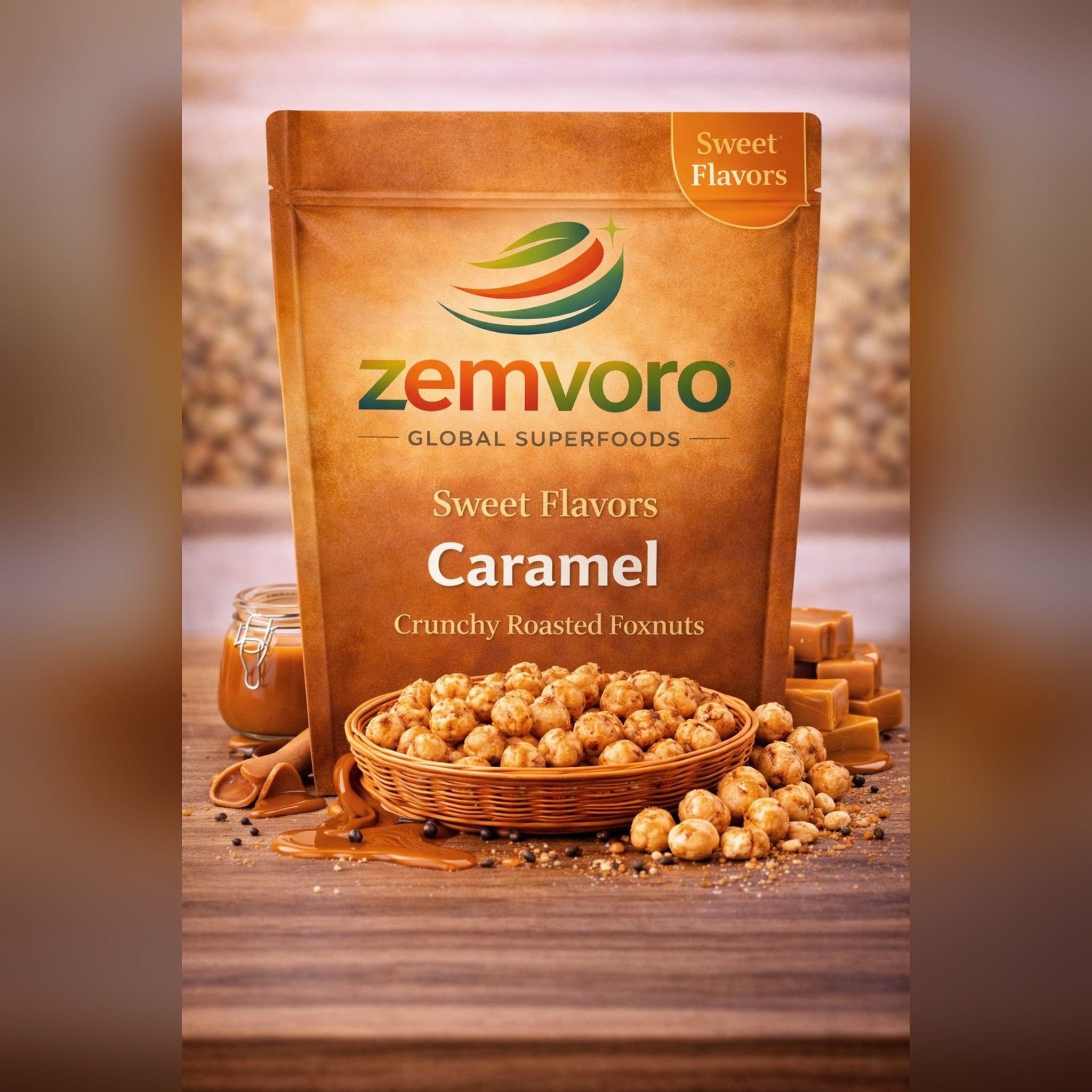 Zemvoro Caramel Makhana | Sweet Crunchy Roasted Foxnuts Snack – 80g