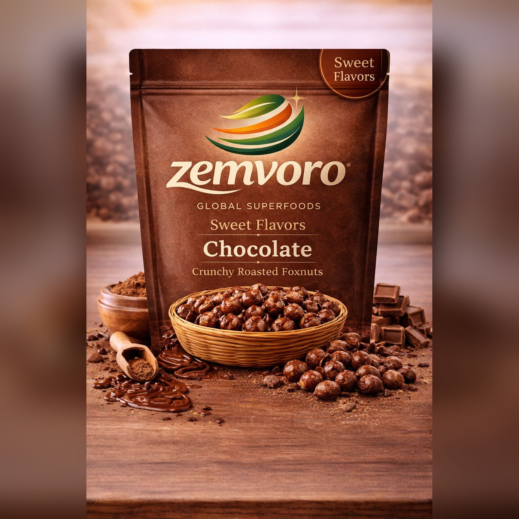 Zemvoro Chocolate Makhana | Sweet Crunchy Roasted Foxnuts Snack – 80g