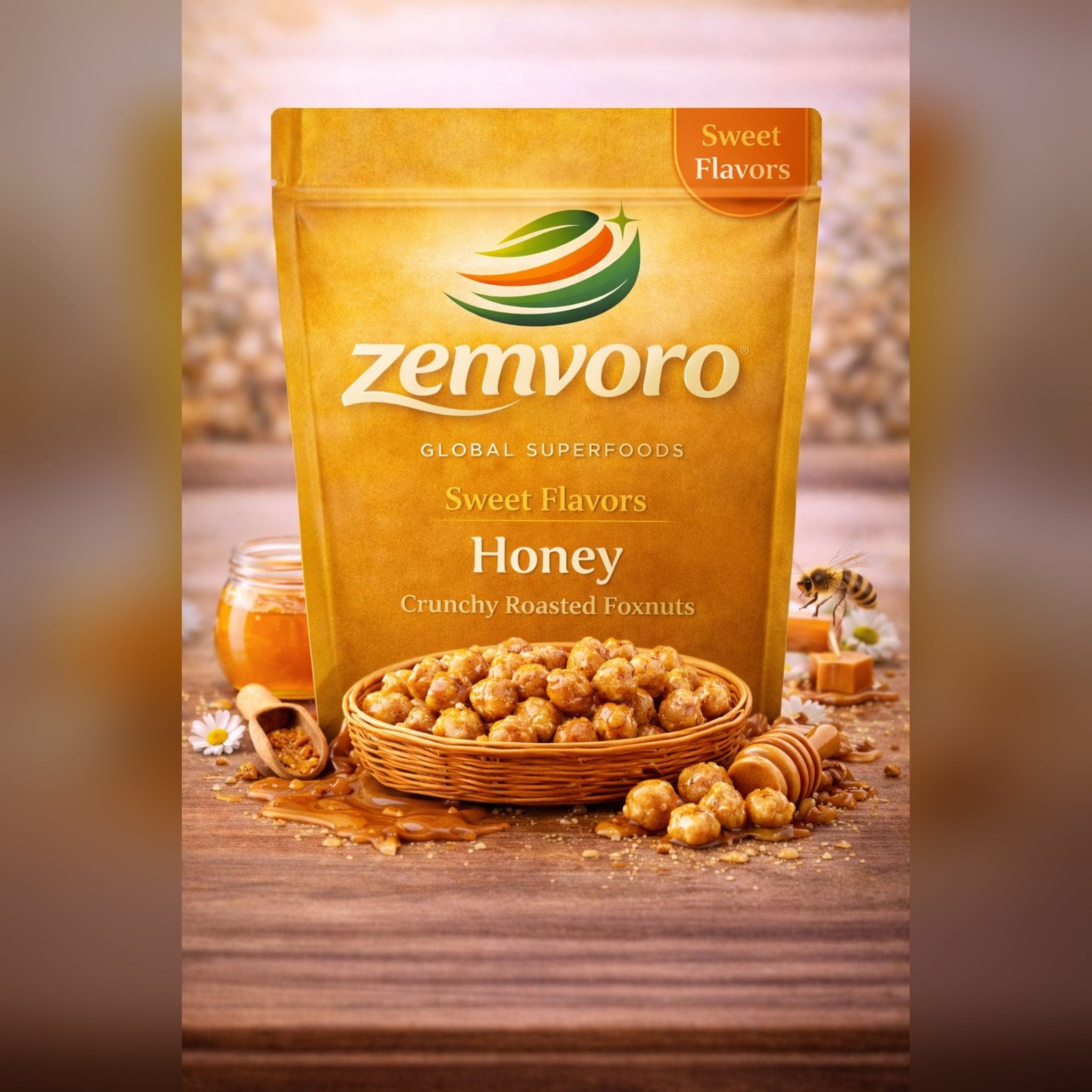 Zemvoro Honey Makhana | Natural Sweet Roasted Foxnuts Healthy Snack – 80g