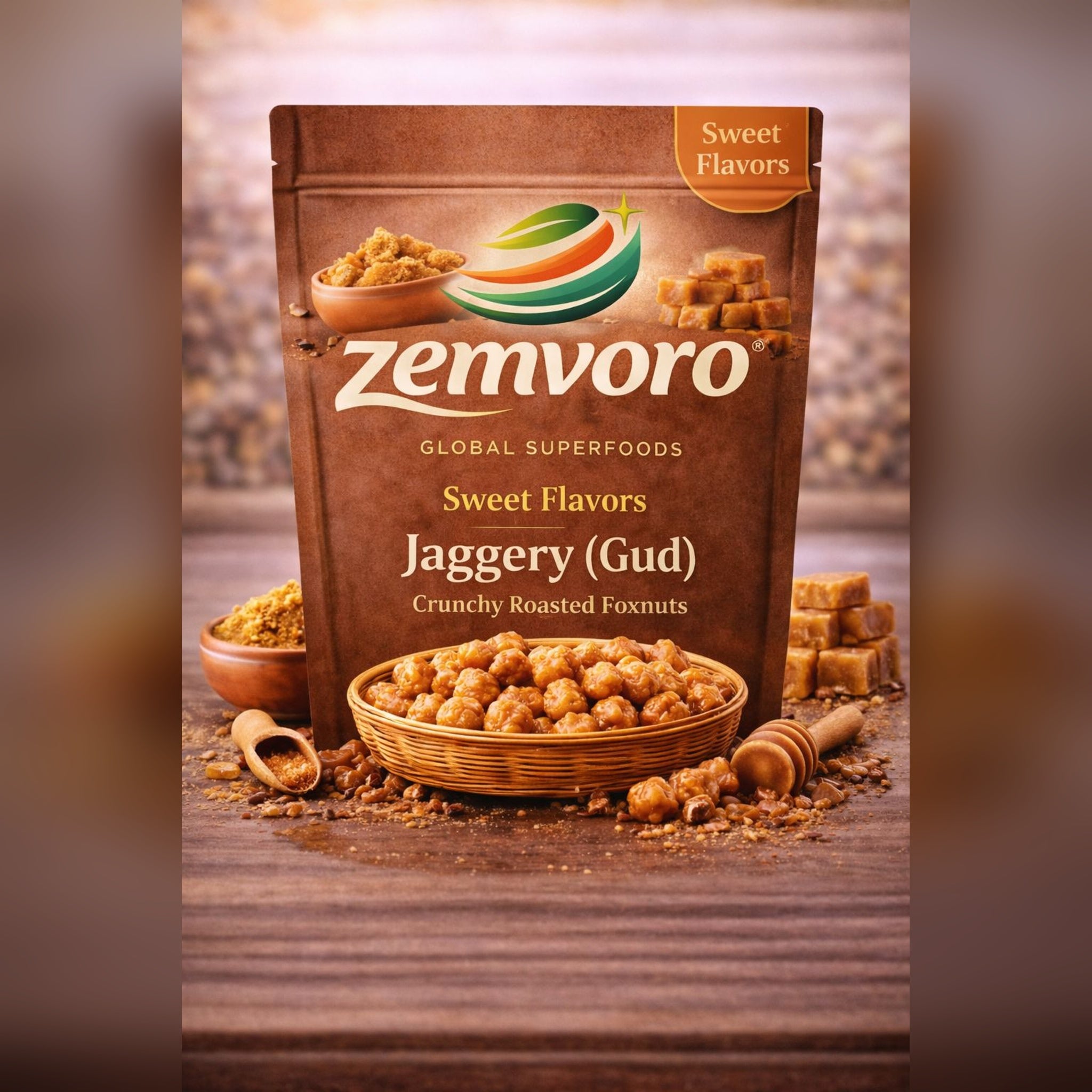 Zemvoro Jaggery (Gud) Makhana | Natural Sweet Roasted Foxnuts Healthy Snack – 80g