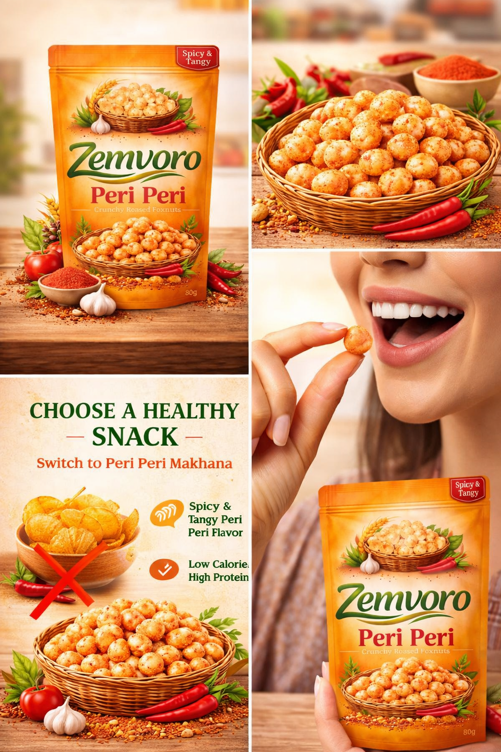 Zemvoro Peri Peri Foxnuts (Makhana) | Crunchy Roasted Healthy Snack – 80g