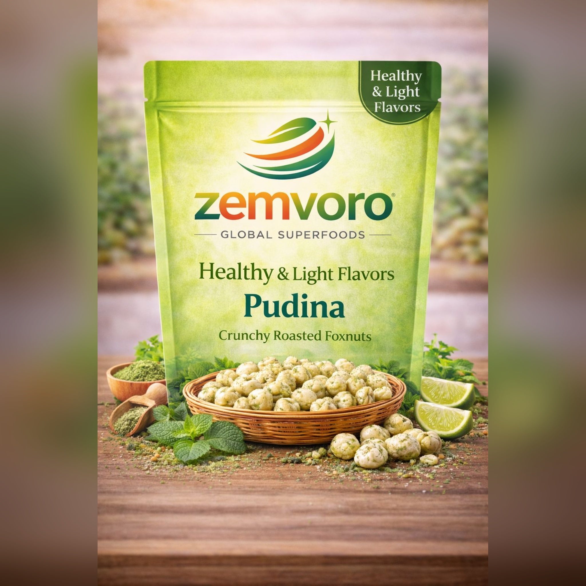 Zemvoro Pudina Makhana | Refreshing Pudina Roasted Foxnuts Healthy Snack – 80g